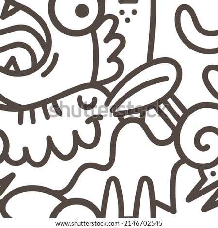 Seamless pattern with cute cartoon creatures on white background. Funny cartoon animals print. Doodle monster poster.