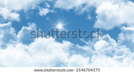 The sun shining through the puffy clouds. 3d ceiling decoration image. Sky bottom up view. Beautiful sunny sky. Stretch ceiling sky model.  Royalty-Free Stock Photo #2146704373