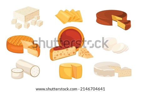 Set of cheese different species on white background. Vector illustration of delicious whole and sliced cheddar ,mozzarella, maasdam, brie, roquefort, gouda, feta and parmesan in cartoon style. Royalty-Free Stock Photo #2146704641