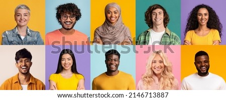 Set of closeup studio portraits of happy people men and women different ages and nationalities showing positive emotions on colorful backgrounds, collage, panorama. Ethnic minorities concept Royalty-Free Stock Photo #2146713887