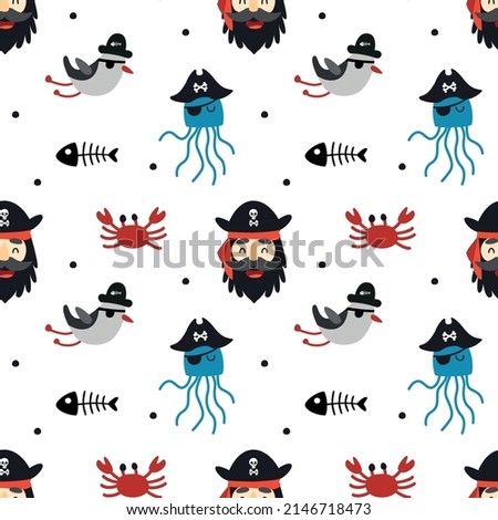 Seamless pattern pirates with seagulls, crabs and jellyfishes. Vector illustration for designs, prints and patterns. Isolated on white background.