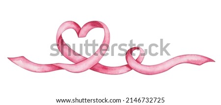 Watercolor illustration of hand painted pink ribbon in the form of heart. Isolated on white clip art element for birthday postcard, wedding invitation, packaging paper. Love card for Valentine's Day