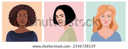 Set of portraits of women of different gender and age. Diversity. Vector flat illustration. Avatar for a social network. Vector flat illustration
