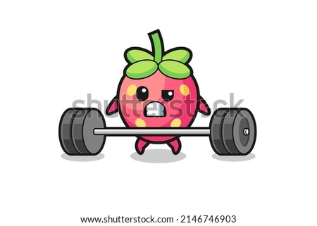 cartoon of strawberry lifting a barbell , cute design