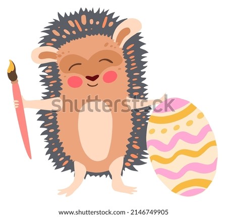 Hedgehog with a brush and a painted easter egg. Hand drawn vector illustration. Suitable for stickers, greeting cards, gift paper.