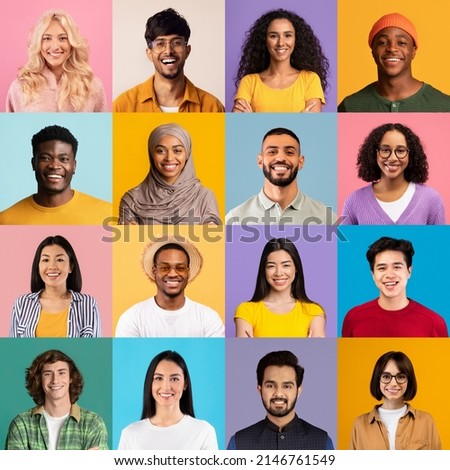 Mosaic of closeup photos of smiling young people different nationalities, happy millennial men and women various ethnicities posing on colorful studio backgrounds, collage, multiculturalism concept