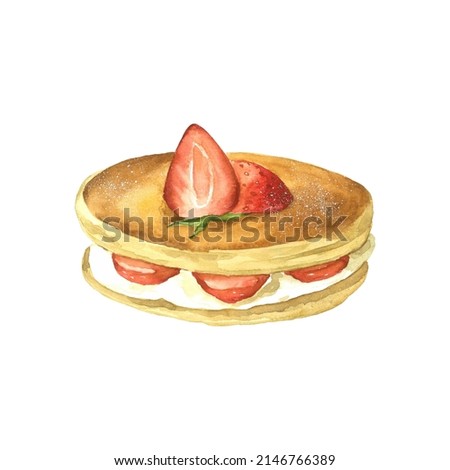 Watercolor pancakes with cheese and strawberries illustration. Hand drawn sweet fruit breakfast clipart element isolated on white background. Delicious summer dessert object for menu, cafe, bakery.