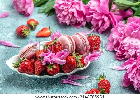 Pink peony rose flower and macaroni cookies and sweet strawberry on blue background. Small French cakes Macarons with fruit. top view