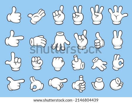 Retro cartoon gloved hands gestures. Thumb up, finger count, forefinger pointing, fist and palm waving hello. Comic character hands sign vector set