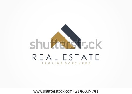 Black and Gold Initial Letter M Real Estate Logo Image on White Background. Flat Vector Logo Design Template Element for Construction Architecture Building Logos. Royalty-Free Stock Photo #2146809941