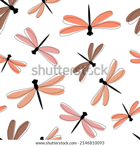 Seamless pattern with summer abstract ornament. Simple minimalistic print with dragonfly insects. Vector graphics. Royalty-Free Stock Photo #2146810093