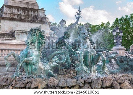 Monument aux Girondins in Bordeaux France . Fountain of Place des Quinconces. Sculptures of horses made by bronze Royalty-Free Stock Photo #2146810861