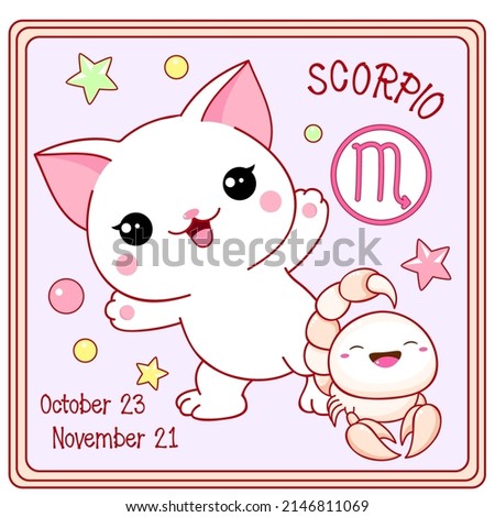 Zodiac Scorpio sign character in kawaii style. Square card with cute little white kitty and Zodiac symbol, date of birth. Cartoon baby cat and Zodiacal card. Vector illustration EPS8