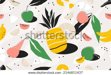 Abstract background with organic shapes. Fruits and leaves pattern. Trendy seamless wallpaper. Tropical banana and apples. Ripe juicy pieces. Pineapple and pears. Vector illustration