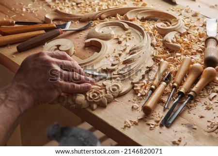 Woodworker's desk with cutters. Woodwork tools Royalty-Free Stock Photo #2146820071