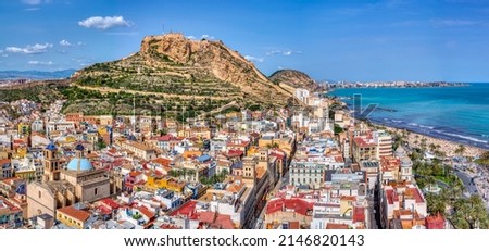Aerial view of Alicante with the cathedral and the castle of Santa Barbara.