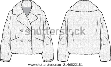 Women's Short Plush Fur Coat. Coat technical fashion illustration. Flat apparel coat template front and back, white colour. Women's CAD mock- Royalty-Free Stock Photo #2146823181