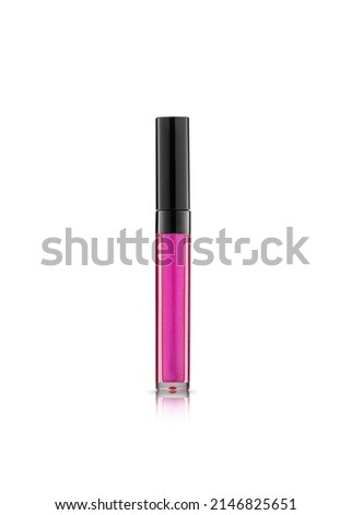Liquid lipstick in elegant glass bottle with black lid, closed container with brush, isolated on white. Lip gloss make up smear.
