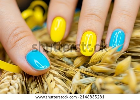 a macro shot of a blue-yellow nail manicure against the background of ears of wheat manicure gel polish made in the Ukrainian style