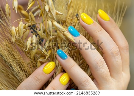 the finished work is applied with a blue-yellow manicure against the background of spikelets manicure gel polish is made in the Ukrainian style