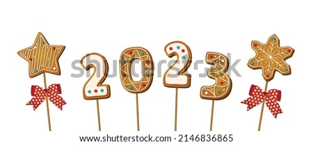 Gingerbread cookie numerals on sticks with phrase 2023 in cartoon style. Sweet biscuit star and snowflake in new year message isolated on white background. Cute number Vector illustration Royalty-Free Stock Photo #2146836865