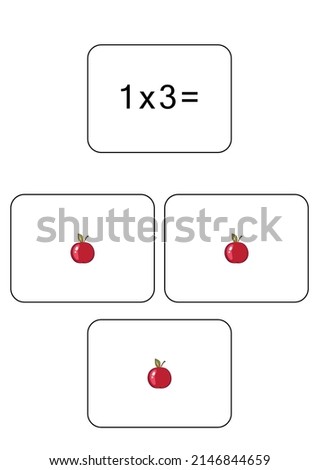 Multiplication table of 1. Maths card with an example, drawing. Multiplication Square, vector illustration. Printed products, banner, table for children, schoolchildren. School education, logical task