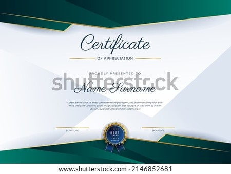 Certificate of appreciation template, dark green and gold color. Clean modern certificate with gold badge. Certificate border template with luxury and modern line pattern. Diploma vector temp Royalty-Free Stock Photo #2146852681