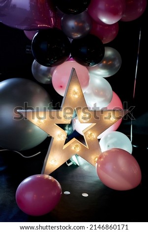balloons star with lamps decor for children's party black pink colors glow glare
