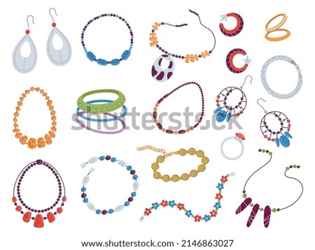 Flat jewelry collection. Vintage beads, necklace and chain. Fashion earrings and bracelets, flat jewelries and accessories with pendant decent vector set Royalty-Free Stock Photo #2146863027