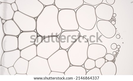 Grayscale macro shot of clear liquid flows between different sized clear bubbles joined in grid disconnecting them | Abstract cosmetic ingredients concept Royalty-Free Stock Photo #2146864337