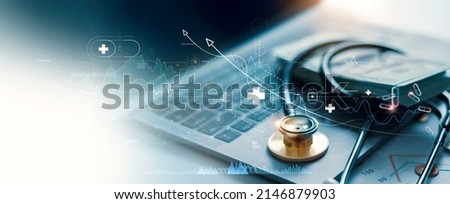 Healthcare business graph and data of Medical business growth and gold stethoscope of doctor on laptop, investment, financial and banking, Medical business report on global network.