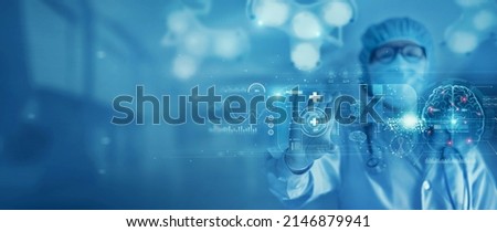 Doctor analysis and checking brain testing result of science and medicine laboratory diagnostics with virtual computer interface, 
Innovative technology science and medicine concept, blue tone Royalty-Free Stock Photo #2146879941