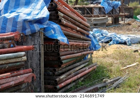 Closeup of scaffolding storage in the construction site. Scaffolding equipment for construction.