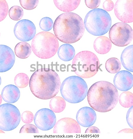 Abstract seamless background with bubbles in pink, purple and blue on a white background. Painted in watercolor.