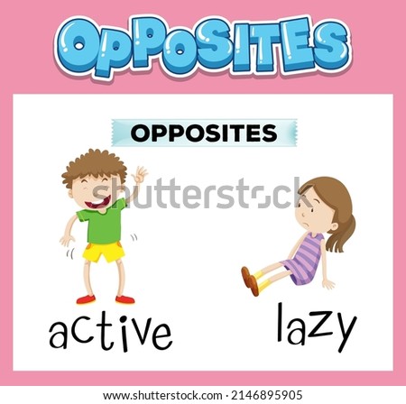 Opposite English words with active and lazy illustration