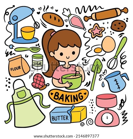 Kawaii hand drawn baking equipment doodle illustration