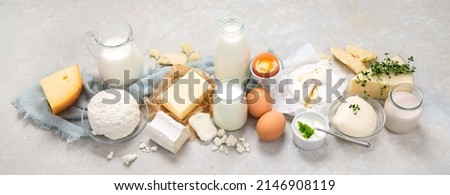 Fresh diary products on light background. Halthy food concept. panorama Royalty-Free Stock Photo #2146908119