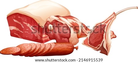 Set of different raw meats illustration