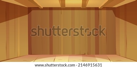 Empty room with wooden walls, ceiling and floor. Cartoon textured wood box background for game. Abstract barn, farm or ranch indoor interior design with brown or yellow planks, 2d vector illustration Royalty-Free Stock Photo #2146915631