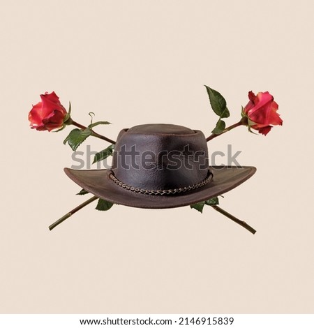 Cowboy hat and rose flowers wild west party concept classic stetson and american western.
