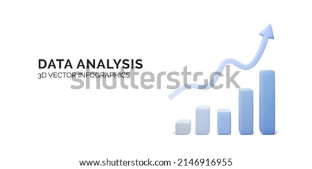 Realistic chart in blue business colors. Growing bars graphic with rising arrow. Digital marketing concept banner. Vector illustration