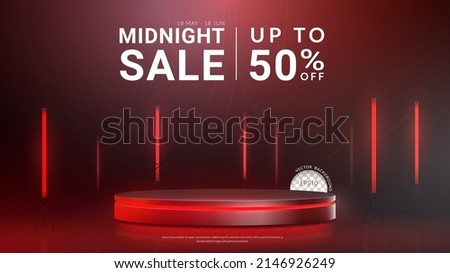 Stage with fluorescent neon light background. Concept of design Midnight sale banner for product display. Layout horizontal, Vector illustration