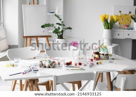 Interior of room prepared for master-class in art on Easter eve