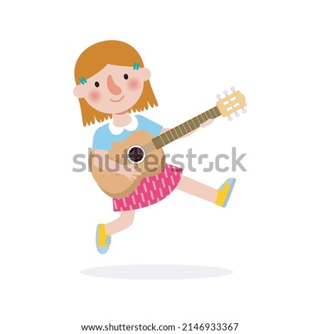 cute kid jumping playing guitar, happy children boy playing the guitar. Musical performance. isolated vector Illustration on white background. in cartoon flat style