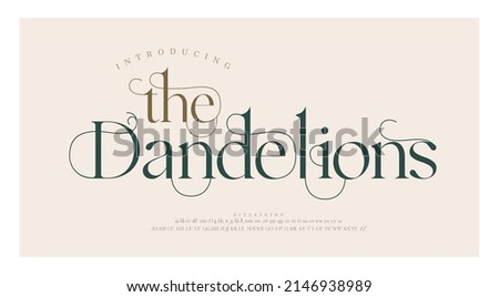 Luxury wedding alphabet letters font with tails. Typography elegant classic lettering serif fonts and number decorative vintage retro concept for logo branding. vector illustration Royalty-Free Stock Photo #2146938989