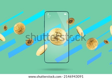 Close up of cell phone with bitcoins in screen and on a green background with stripes. Concept of cryptocurrency, mining and virtual trade.