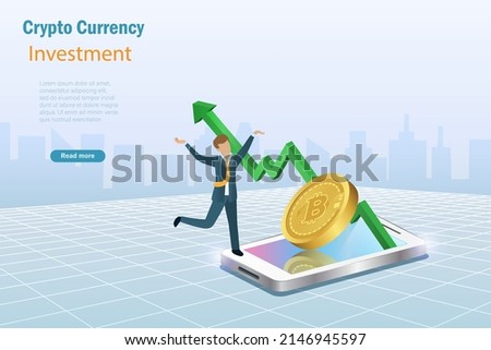 Growth graph profit investment on Bitcoin with happy investor man. Successful and money gain on Crypto currency investment, defi decentralized finance concept. 