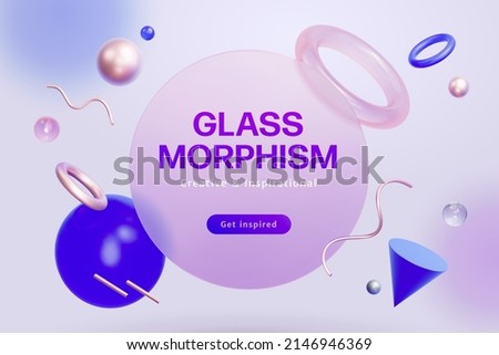 3d creative glassmorphism background design. Composition of flying circle disk with sphere, cone shape, ring and metallic wavy sticks.
