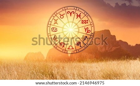 Zodiac signs inside of horoscope circle. Astrology in the sky with many stars and moons  astrology and horoscopes concept Royalty-Free Stock Photo #2146946975