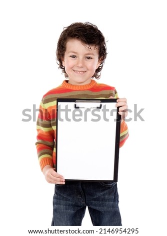 Young boy holding a clipboard isolated on a white background 